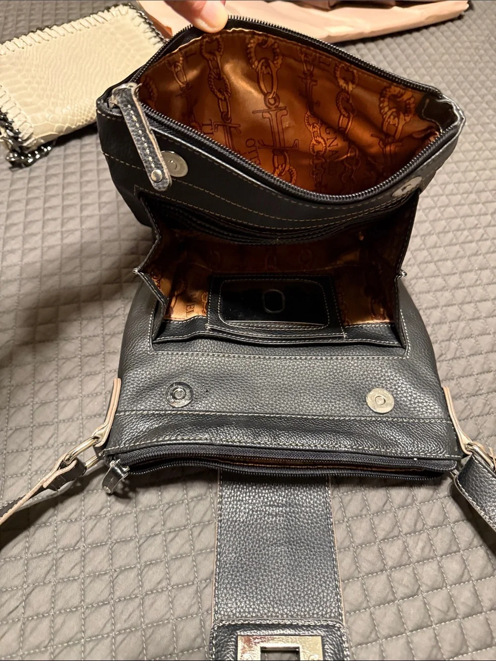 Tignanello Black Leather Crossbody Messenger with Contrast Stitching